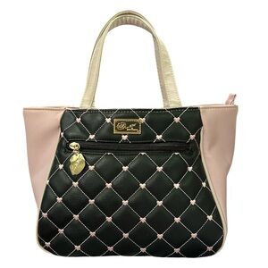 Betsey Johnson Vintage Y2K Faux Leather Black and Pink Heart Quilted Mini Tote